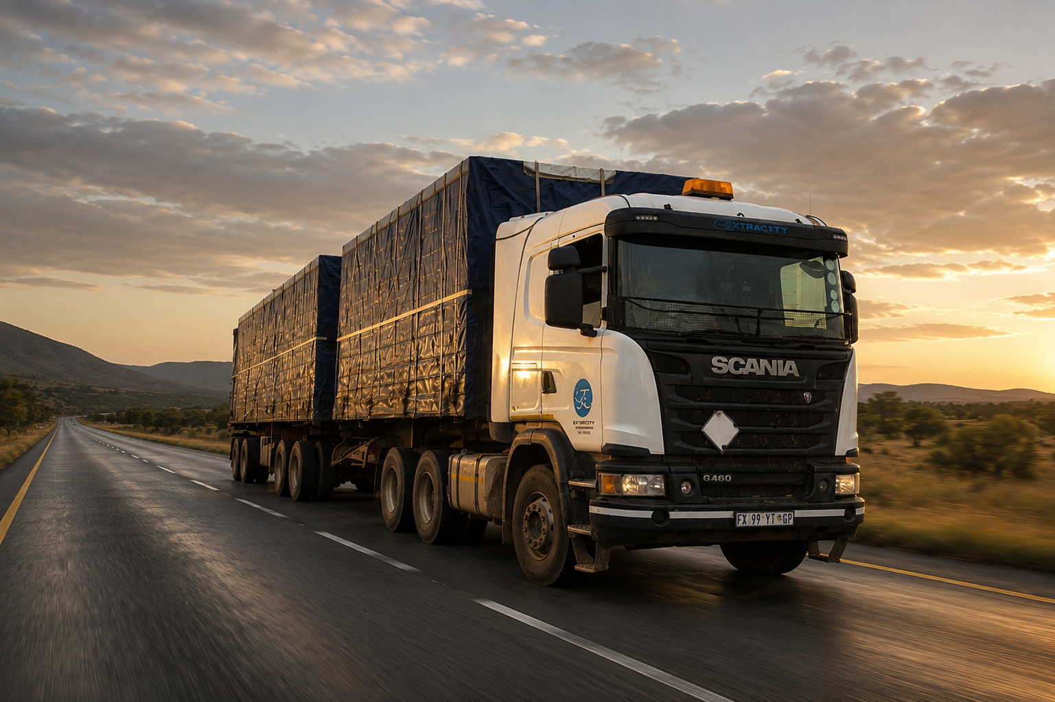 Road freight vehicle in motion