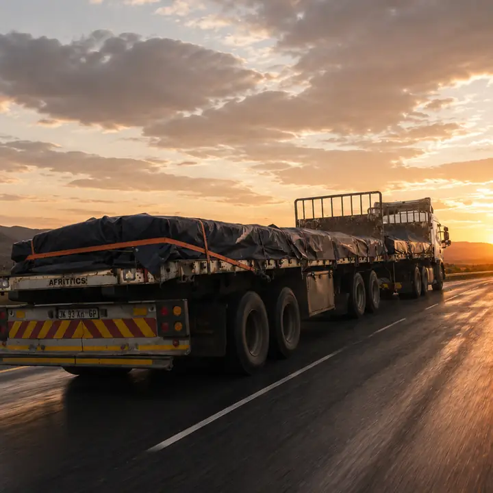 Covered regional freight vehicle at sunset